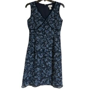 Y2K Old Navy Blue V-Neck Chiffon Leaves Dress w Velvet Trim Sz 2